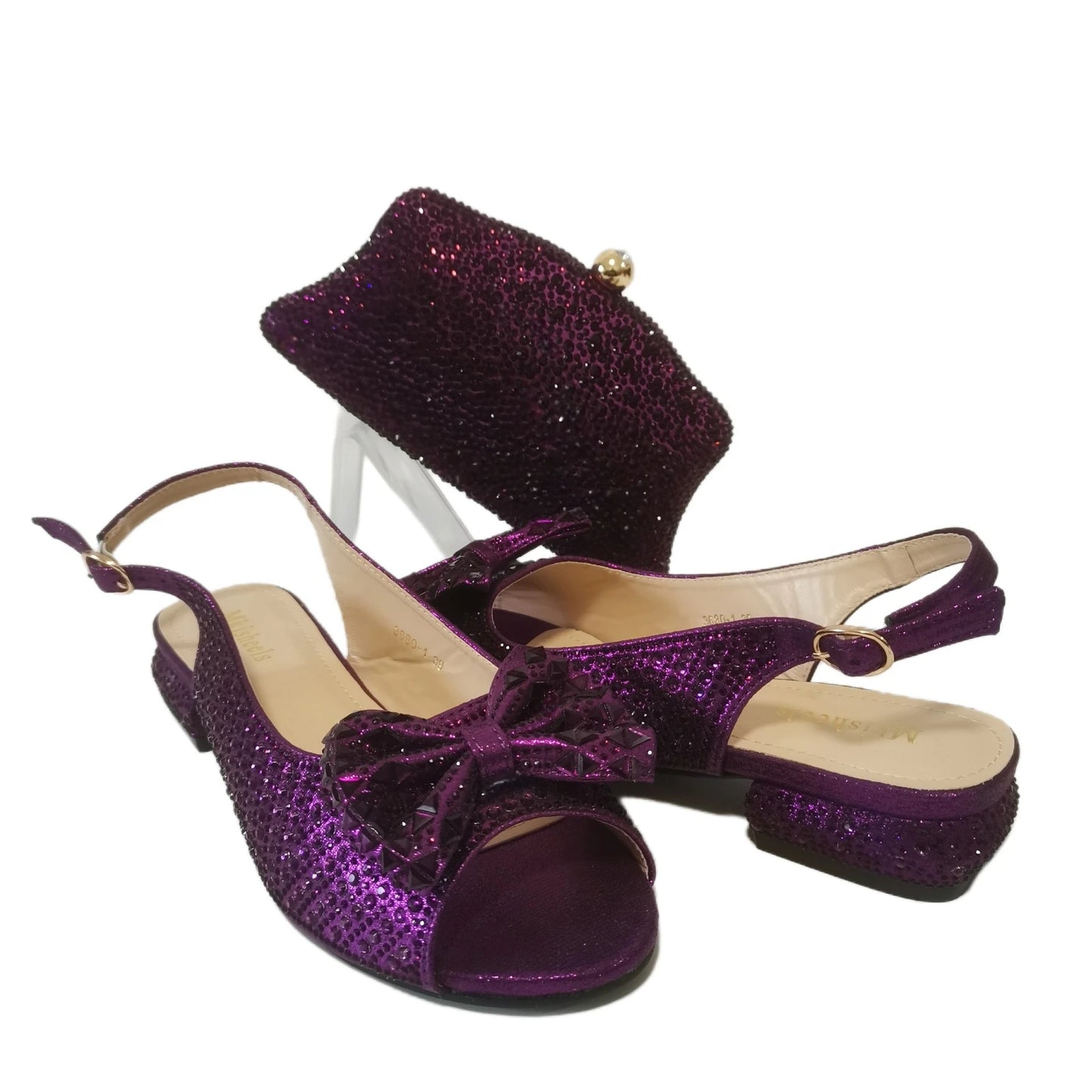 Fashion Purple Lower Heel Party Women's Sandals And Bag Match Set Italian Design Rhinestone Wedding Matching Shoes and Bag Set