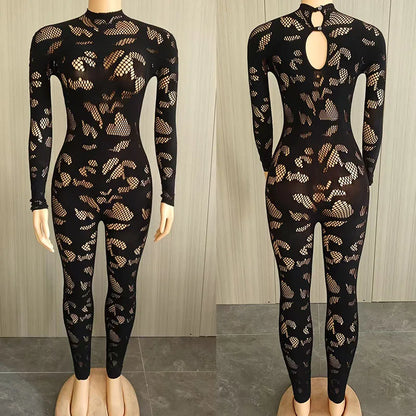 Doyerl Black Sexy Rave Outfit Woman Jumpsuits Long Sleeve Hollow Out Mesh Skinny Club Party Bodycon Rompers One Pieces Overalls