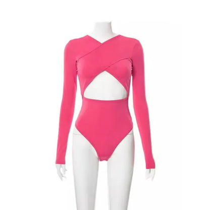 Summer New Women's Jumpsuit Solid Color Cross Hollow Long Sleeve Revealed Waist Slimming Smooths Your Silhouette