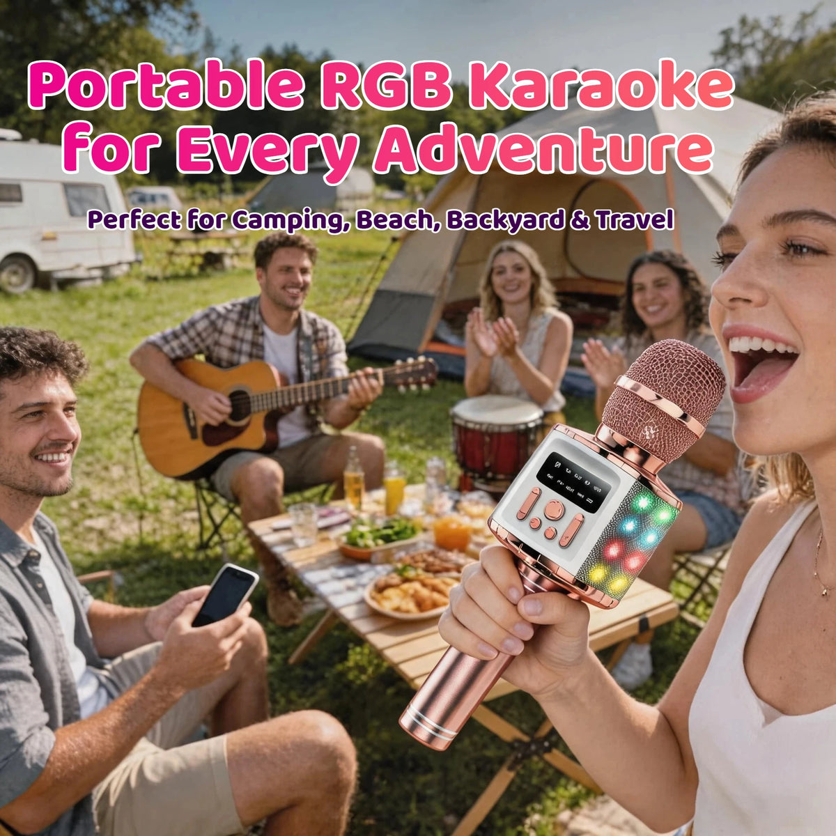 Wireless Karaoke Microphone Speaker with Voice Changer, 5 Funny Effects, RGB Light, 4 Sound Modes, Bluetooth AUX TF, Family Party KTV Singing