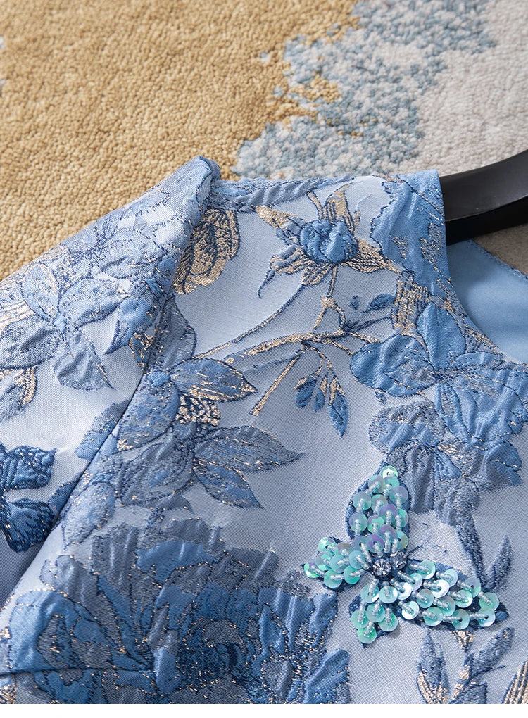 Women Blue Jacquard Beaded Dress Short Sleeve Round Neck a Line Elegant Slim Fit Summer Party Fashion Luxury Midi Dress