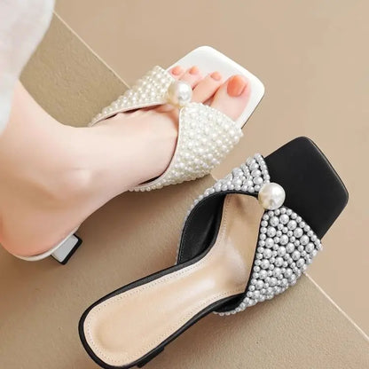 Aphixta Luxury Pearls Women High Heels Mule Sandal Square Toe Elegant Woman Summer Shoes Spike Heel Fashion Shoes for Woman