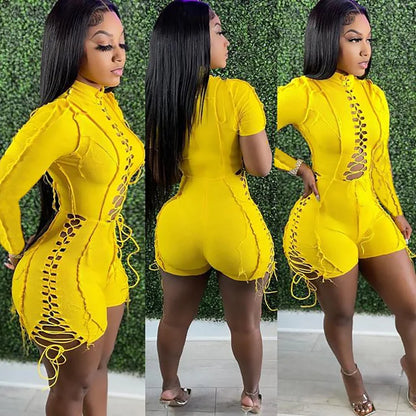 Jump Suits Women One Piece Full Sleeve Drawstring Overalls Short Pants Tight Waist Rompers Hollow Out Y2k Streetwear Sexy 2026