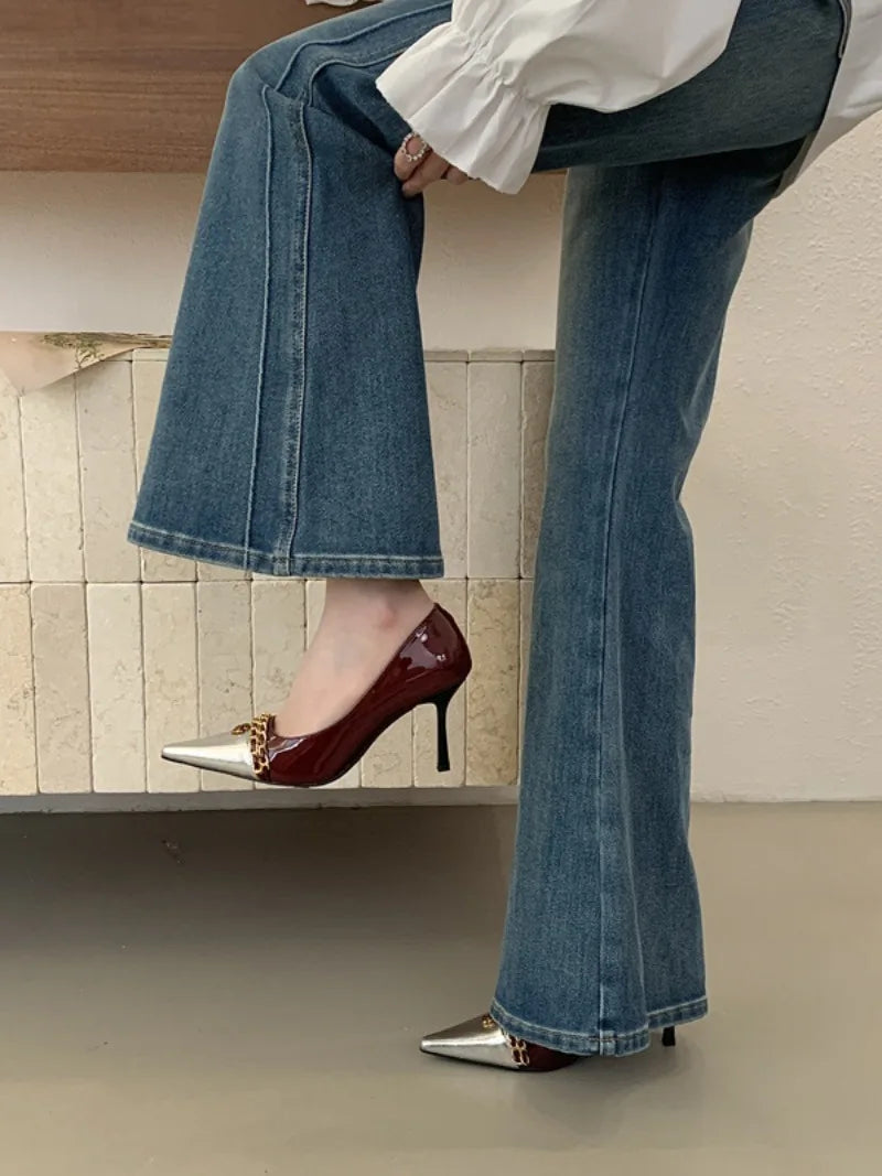 Luxury Metal Decoration Design Pumps Women Sexy Splicing Pointed Toe Stiletto Sandals Elegant Banquet Dress Shoes Zapatos Mujer