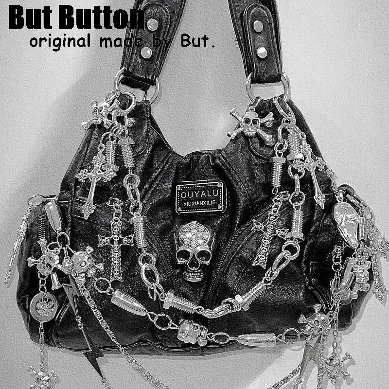 Women Y2K Girl Vintage Harajuku Full of Chains Gothic Rivet Spike Gothic One Shoulder Handbag Women’s Punk Tote Steampunk Bags