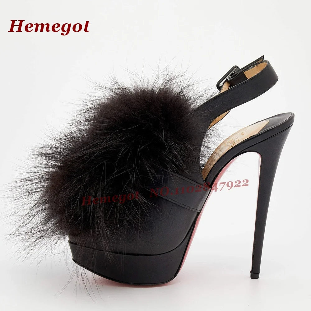 Fluffy Fur Platform Buckled Sandals Round Toe Stiletto High Heels Slingback Women's Sandals Side Air Autumn Suede Patchwork Shoe