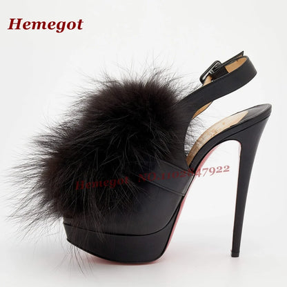 Fluffy Fur Platform Buckled Sandals Round Toe Stiletto High Heels Slingback Women's Sandals Side Air Autumn Suede Patchwork Shoe