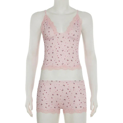 Summer Two-piece Pajamas Set for Women Sleepwear  Floral Lace Pink Sleeveless Camisoles and Slim Shorts Loungewear
