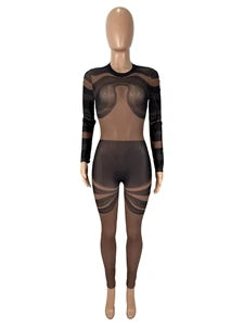 Stylish Lady Black Mesh Striped Printed Jumpsuits 2025 Autumn Women Long Sleeve O Neck See Through Sexy Club Party Overalls