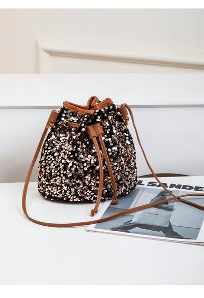 New Chic Multicolor Sequin Shing Shoulder Bag Fashion Versatile Handbag Drawstring Bucket Bag Large Capacity Wallet Purse Bags