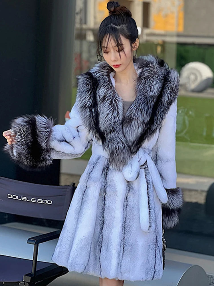 Winter Women Real Rabbit Fur Coat Long Natural Rabbit Fur Jacket Fox Fur Collar and Cuff Thick Warm Ladies Overcoat