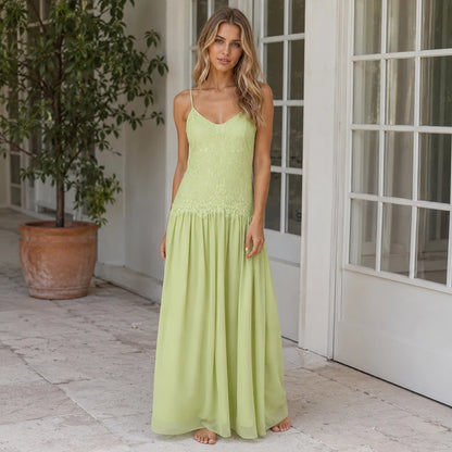 Women's Lace Spliced Dress Sage Green Floral Embroidery Spaghetti Strap Flowy Long Dress Elegant Bohemian Summer Party Dress