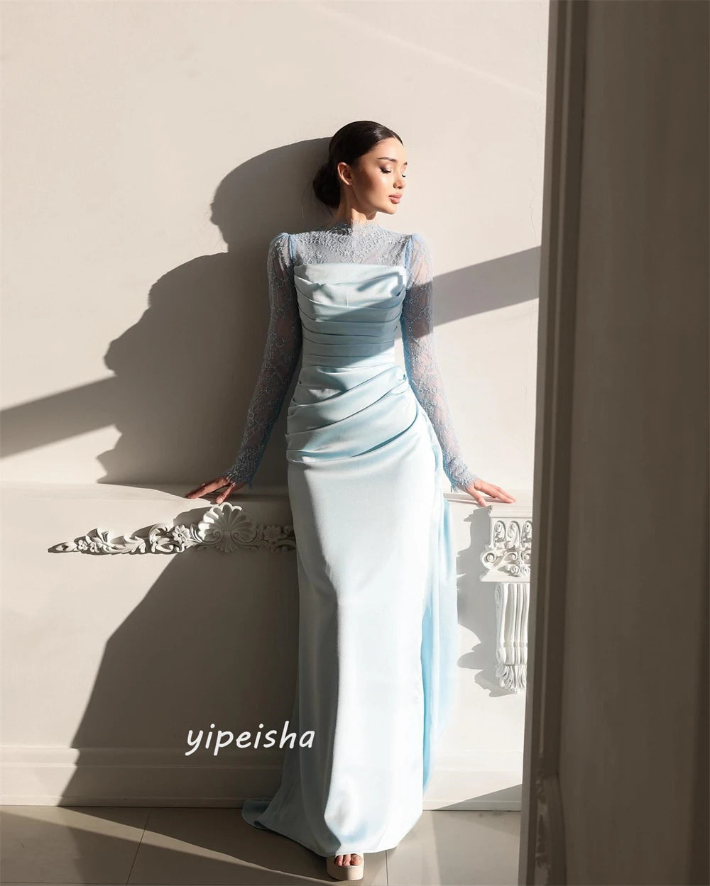 Customized Jiayigong  Chiffon Applique Ruched Evening A-line High Collar Bespoke Occasion Gown Long Dresses