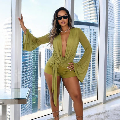 Chiffon Long Sleeve Sexy Slender Ladies Ruffle Neck Deep Back Bodysuit Three-Part Shorts