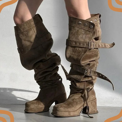 Fashion Model Women's Shoes Punk Style Buckle Over The Knee Boots for Woman Exquisite Platform Boots Designer Shoes Botas Mujer