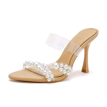 Luxury Brand Design String Bead PVC Transparent Slippers Women Summer High Heels Sandalias Fashion Open Toe Party Slide Sandals