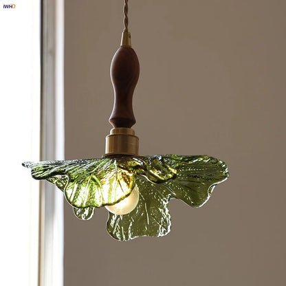 IWHD Home Decor LED Pendant Lights Kitchen Restaurant Copper Socket Flower Green Glass  Nordic Modern Walnut Wood Hanging Lamp