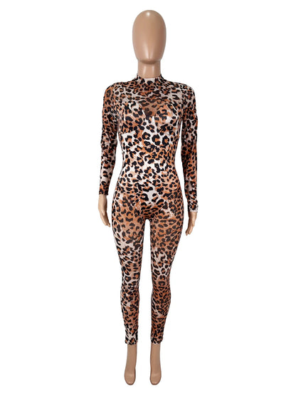 Women Sexy See-through Mesh Leopard Print Long Sleeve Slim-fitting Long Jumpsuit Rompers Summer Casual Streewear