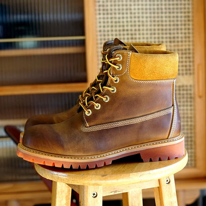 New Men Fashion Cow Suede Leather Round Toe Patchwork Comfortable Mid Heel Shoes Work Lace Up Male Handmade Wear Resistant Boots