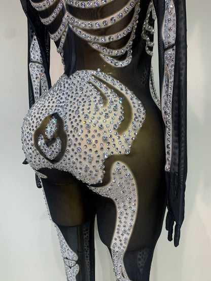 Luxury Rhinestones Skeleton Mesh See Through Jumpsuit Long Sleeve Nightclub Cos Party Stage Performance Halloween Costume