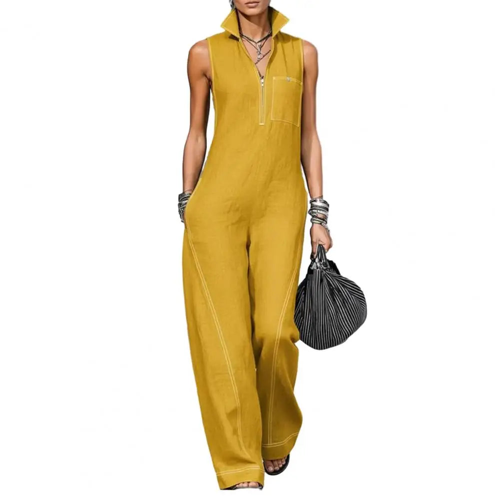 Solid Color Women Sleeveless Jumpsuit Casual Long Pants Rompers with Pockets Summer Zip Up Stand Collar One Piece Overalls