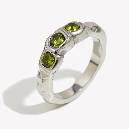 E.B.belle New Vintage Style Three Green Zircon Ring PVD Plated 316L Stainless Steel Simple Women Statement Finger Chic Jewelry