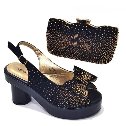 2024 Silver Fashion Square Heels with Platform African Women Shoes and Bag Set Full Crystal Pumps for Wedding Party