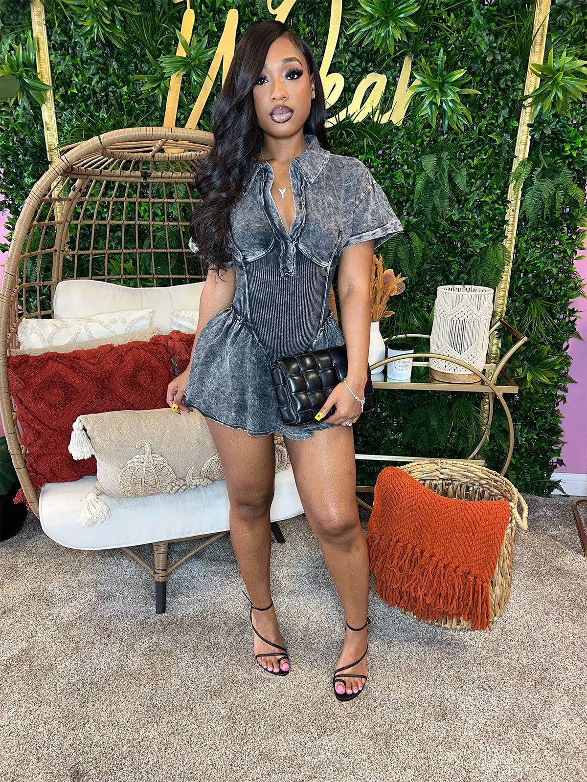 CM.YAYA Women Short Sleeve Washed V-neck Ruched High Waist Flare Short Jumpsuit Streetwear Chic One Piece Suit Romper Playsuit