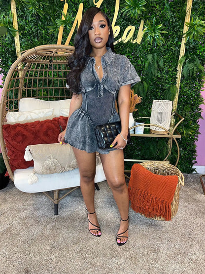 CM.YAYA Women Short Sleeve Washed V-neck Ruched High Waist Flare Short Jumpsuit Streetwear Chic One Piece Suit Romper Playsuit