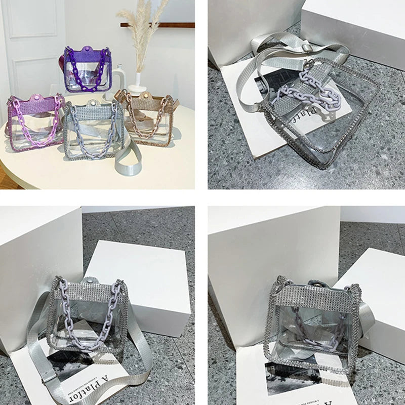 2026 NEW Transparent Shoulder Bag New Chain Handbag Fashionable Diamond Inlaid Jelly Bag PVC Women Crossbody Bag