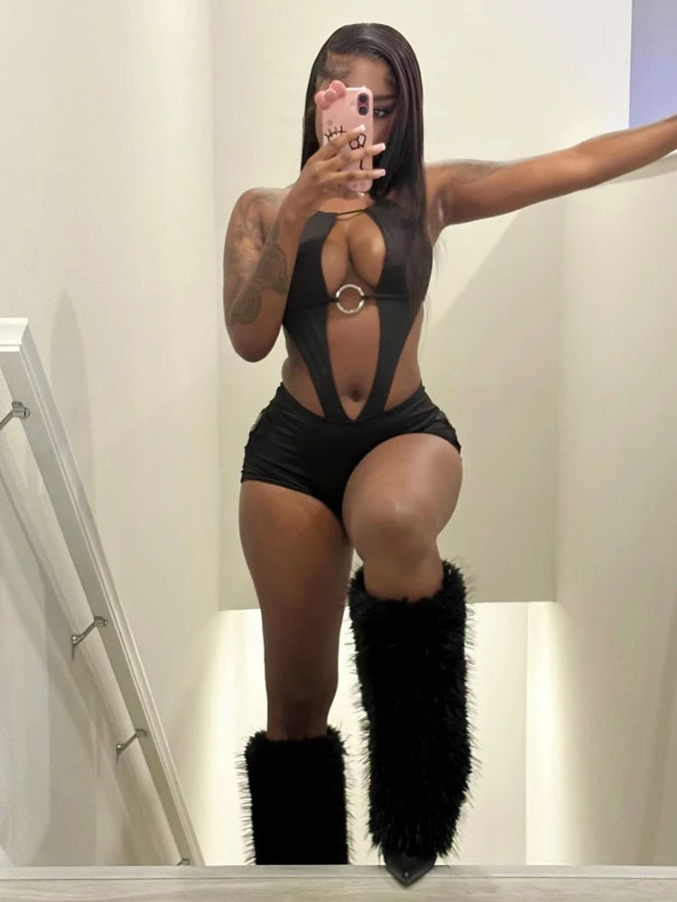 Weird Puss Sexy Hollow Halter Playsuits Women Summer Hipster Backless Bandage Sleeveless Sexy Skinny Elastic Clubwear Rompers