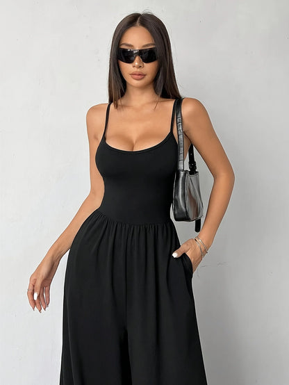 Black High Waist Spaghetti Strap Wide Leg Jumpsuit