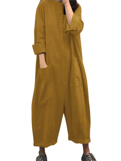 Solid Color Casual Loose Pocket Jumpsuit Women New Fall Simple Long Sleeve Shirt Female Vacation Rompers Fashionable Streetwear