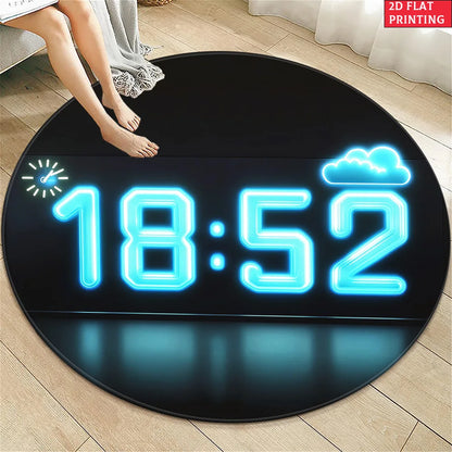 1pc Digital Clock Design Round Rug for Modern Living Room Decor 2D Flat Printed Floor Mat Non-Slip Home Decoration
