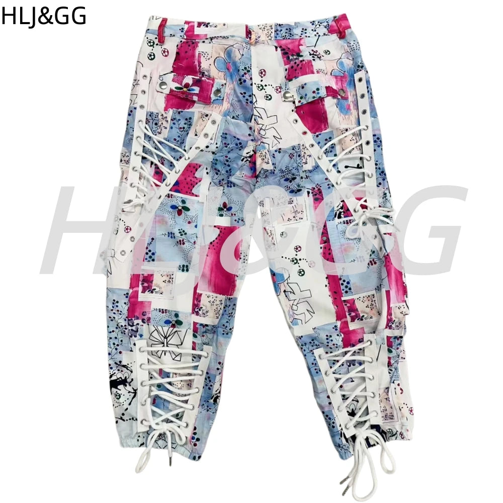 HLJ&GG Sexy Hot Graffiti Bandage Skinny Pants Two Piece Sets Women Spaghetti Strap Lace Splice Crop Top And Pants Streetwear