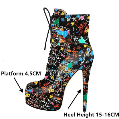 Onlymaker Women Round Toe Platform Lace-up Stiletto Printed Side Zipper Stiletto High Heel Ankle Boots