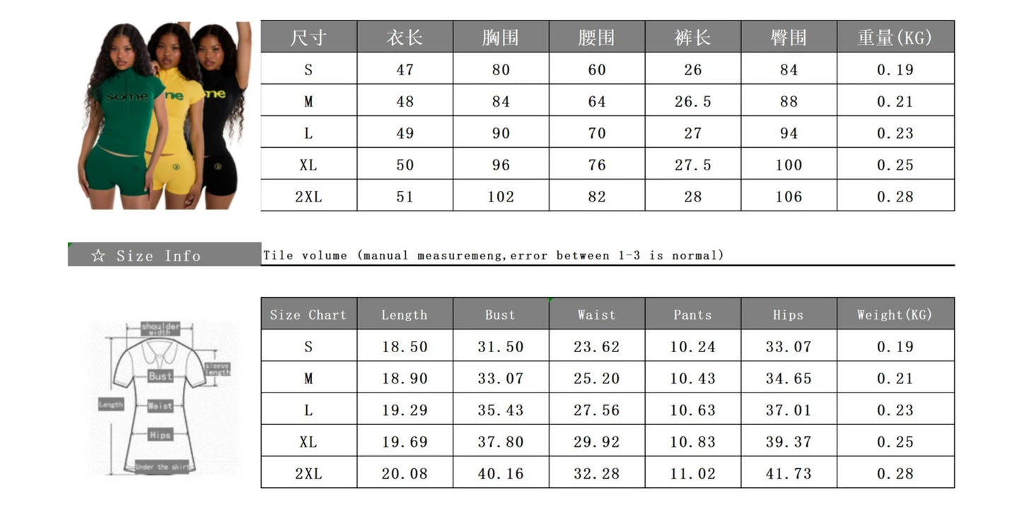 FAGADOER Fashion Letter Print Shorts 2 Piece Suits Casual Zipper Stand Collar Crop Top + Bodycon Shorts Outfits Streetwear Sets