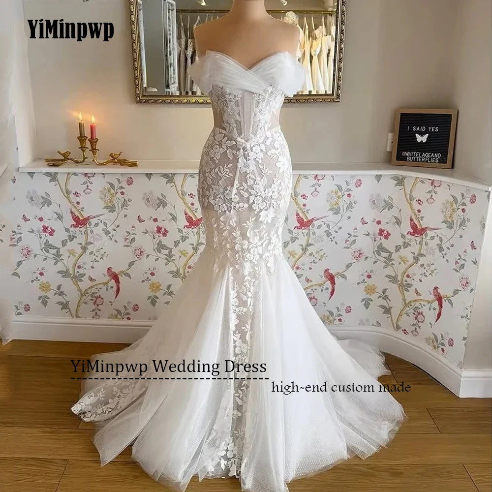 Off Shoulder Mermaid Wedding Dresses for Bride Backless Sweep Train Lace Tulle Summer Garden Beach Bridal Gowns свадебное Custom