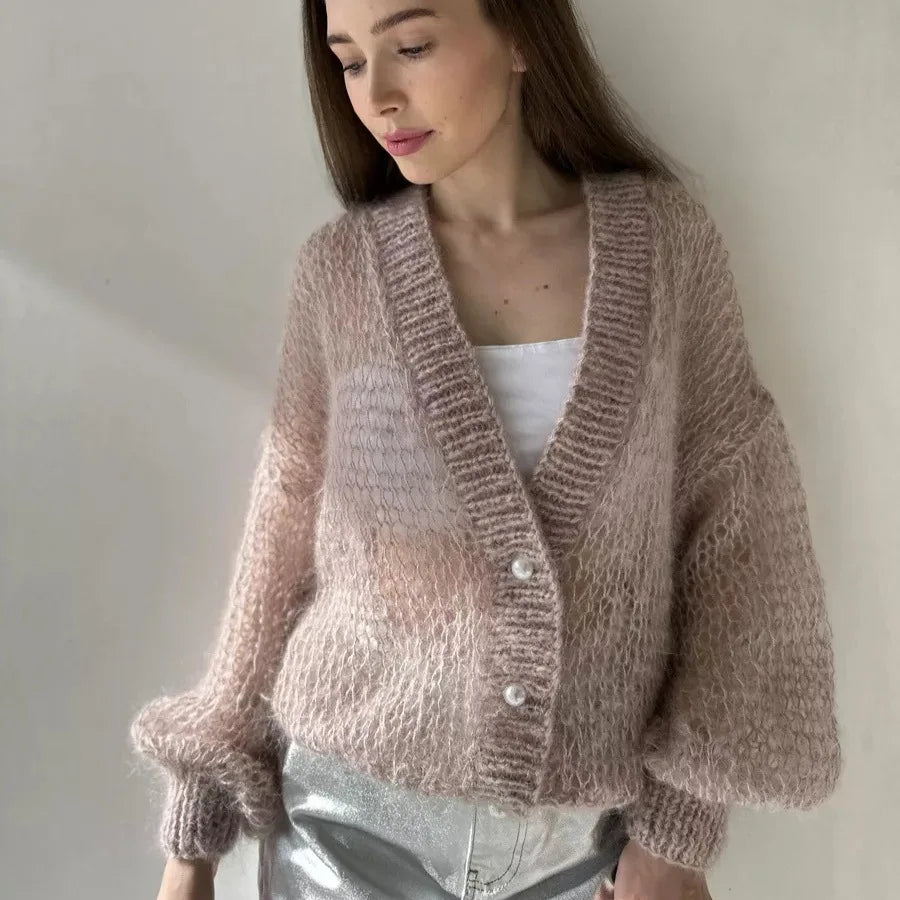 Women Knitting Cardigan 2026 New Women Mohair Knit Cardigan Hollow Out Sheer Long Sleeve Casual Knitted Outerwear Sweater