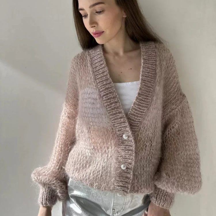 Women Knitting Cardigan 2026 New Women Mohair Knit Cardigan Hollow Out Sheer Long Sleeve Casual Knitted Outerwear Sweater