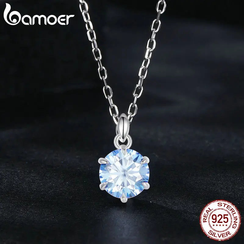 BAMOER 925 Sterling Silver 1CT Blue Moissanite Pendant Necklaces, White Gold Plated Engagement Jewelry With Certificate