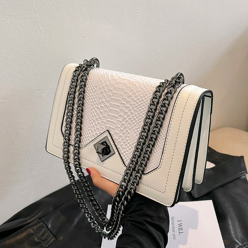 Leather Shoulder Bag Chain Purse for Women - Fashion Crossbody Bags Vintage Snake Print Underarm Bag Square Satchel Handbag