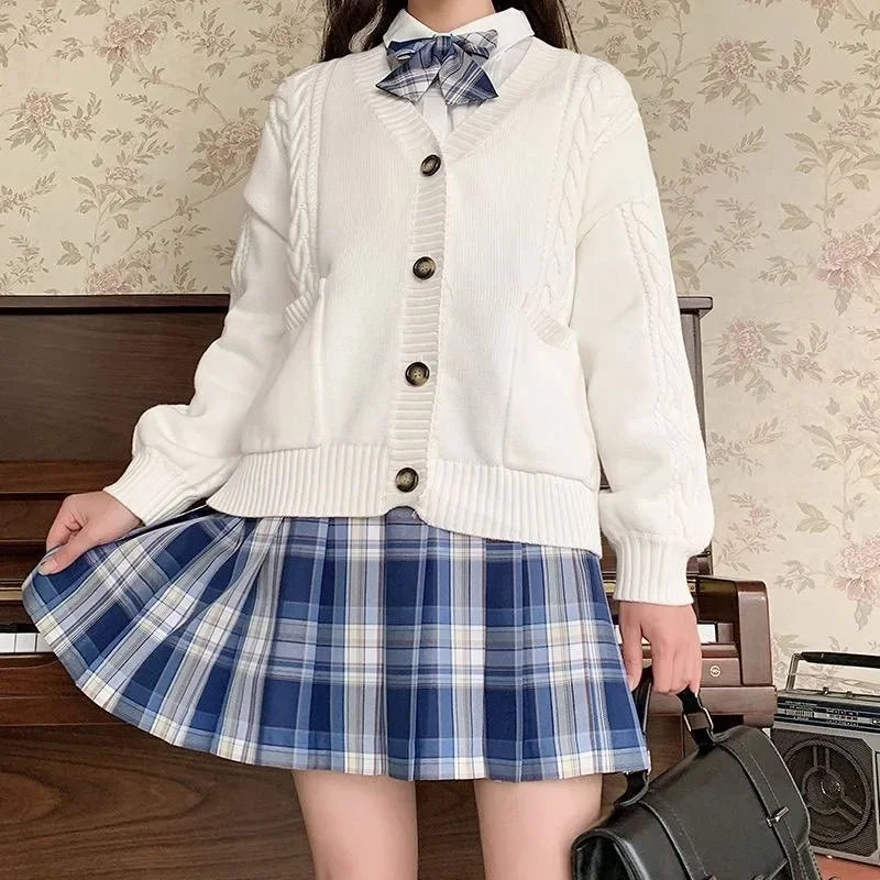 School Autumn Winter Lazy Style Japanese JK Knit Cardigan Loose College Sweater Plaid Skirt Matching Set For Campus Daily Class