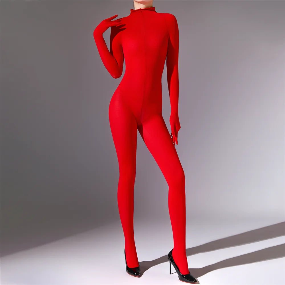 Plus Size Sexy Women 120D Five Finger Glove Sleeve Bodysuit Seamless Tight Warm High Elastic Shaping Cosplay Unisex Fit Jumpsuit