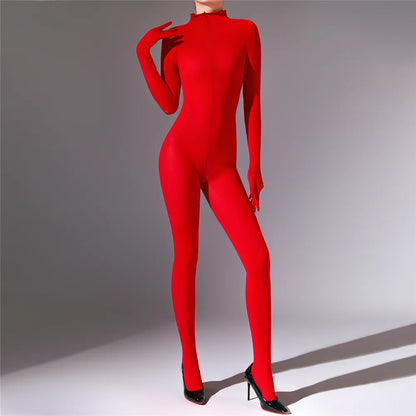 Plus Size Sexy Women 120D Five Finger Glove Sleeve Bodysuit Seamless Tight Warm High Elastic Shaping Cosplay Unisex Fit Jumpsuit