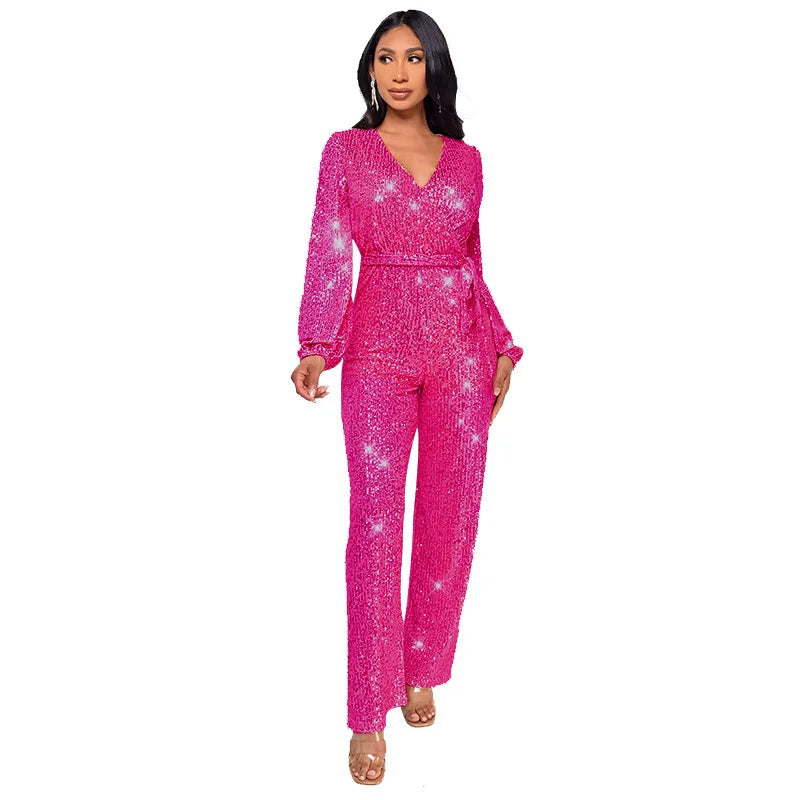 Uoozee Women's Deep V-Neck Sequins Club Jumpsuits Long Puff Sleeve Tie Waist Straight-leg Party Evening One Piece Outfits 2026
