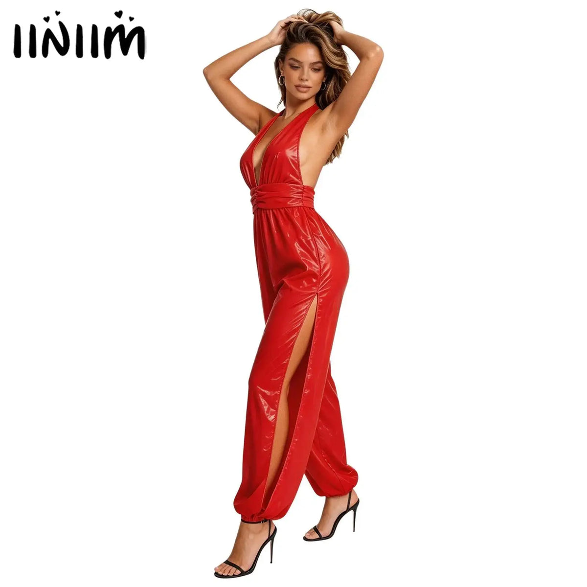 Womens Glossy Water Resistant Rompers Jumpsuit Halter Backless Ruched Waist Back Invisible Zipper Side Split Bodysuit Clubwear