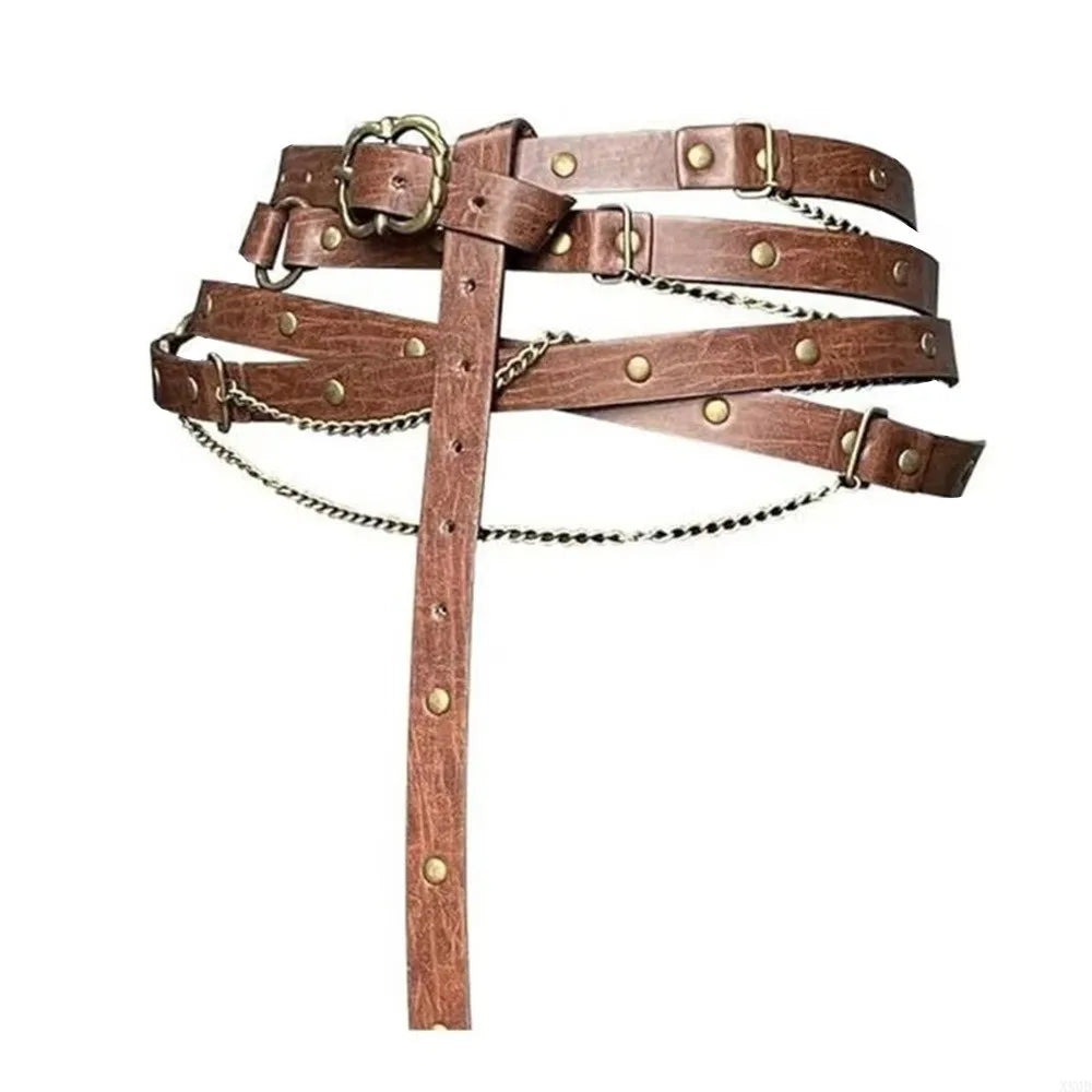 Medieval DIY Faux Leather Metal Chain Belt Vintage Adjustable Thin Belt For Women, Retro Skinny Belt For Dresses
