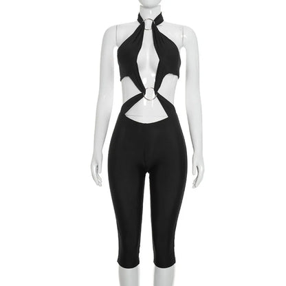 FLARORA Sexy Hollow Out Jumpuits Woman Metal Ring Decoration Halter Sleeveless Backless Skinny Rompers Midnight Party Clubwear