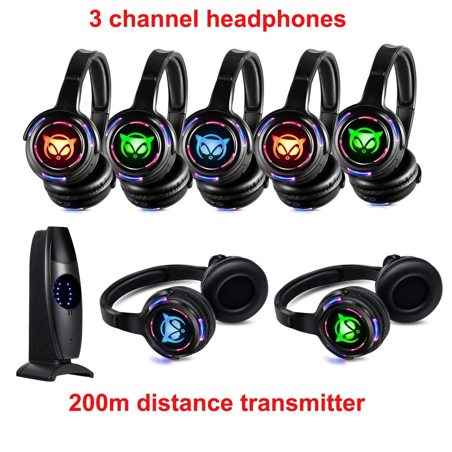 LED Transmitter Silent Disco Headphones for Quiet Events Parties Meetings Yoga - Adjustable Volume Wireless Music Headsets